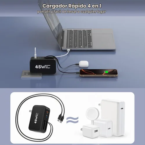 Vista 6 de Cargador de pared retráctil 4 en 1, enchufe de cable USB C doble, cargador USB C de 45 W, cargador retráctil rápido para iPhone, bloque plegable