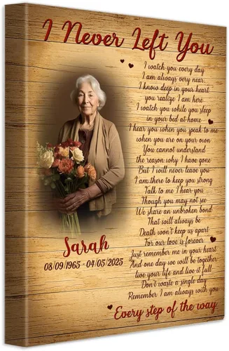 Vista 9 de NQDNKUIN Lienzo personalizado con texto en inglés "I Never Left You", regalo conmemorativo de duelo y condolencia de esposa, madre, abuela, hija