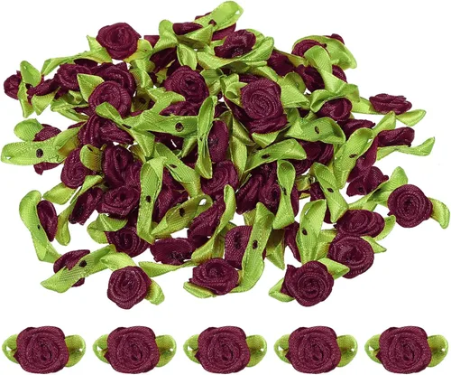 Vista 9 de PATIKIL Mini rosas de cinta, 100 unidades, pequeñas flores de tela de satén con adornos de hojas verdes, rosetas para manualidades, costura, boda