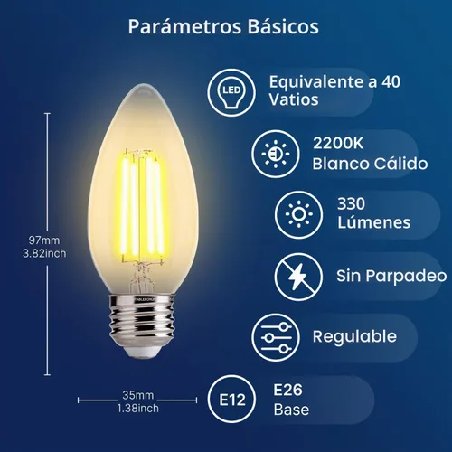 Vista 2 de FLSNT Bombillas LED de Araña Equivalentes a 40W, Bombillas LED Ámbar Regulables B11 E26 Base de Candelabro, 2200K Blanco Cálido, 330LM, Paquete de 6