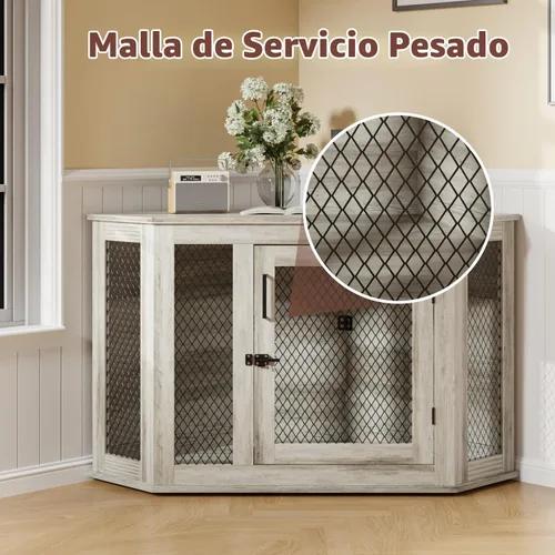 Vista 7 de PUKAMI Mueble esquinero de 52 pulgadas para perros, muebles de madera para perreras con malla, casa decorativa de madera para perros