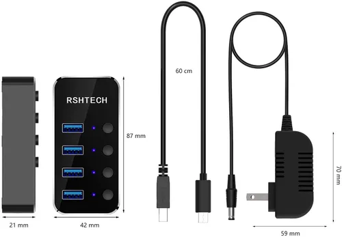 Vista 8 de Concentrador USB alimentado RSHTECH de 4 puertos USB C a USB 3.0, expansor de concentrador de aluminio portátil USB 3.0 con adaptador de CA de 5 V e
