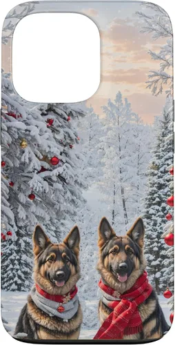 Vista 10 de iPhone 16 Lindo perro pastor alemán en paisaje nevado feliz Navidad caso