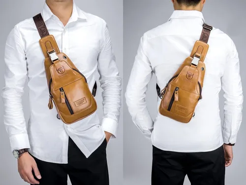 Vista 5 de BULLCAPTAIN Cuero auténtico hombres Sling mochila multi bolsillo crossbody pecho Bolsas viaje senderismo Daypack, Mochilas Sling, marrón