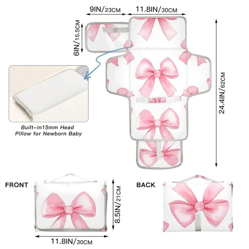 Vista 4 de Pink Bows - Cambiador de pañales portátil, impermeable, plegable, con almohada incorporada, cambiador de pañales de viaje para bebé recién nacido