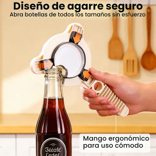Vista 5 de Abrebotellas multiusos 4 en 1, abridor de botellas ajustable de tres garras con dientes antideslizantes, herramienta de tapa de varios tamaños