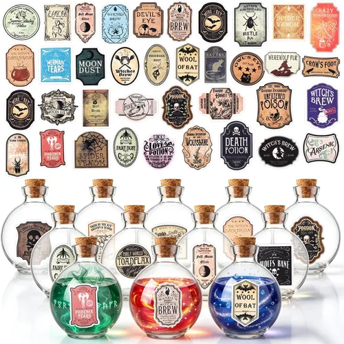 Vista 8 de Baderke 24 botellas de poción de vidrio de Halloween con calcomanías
