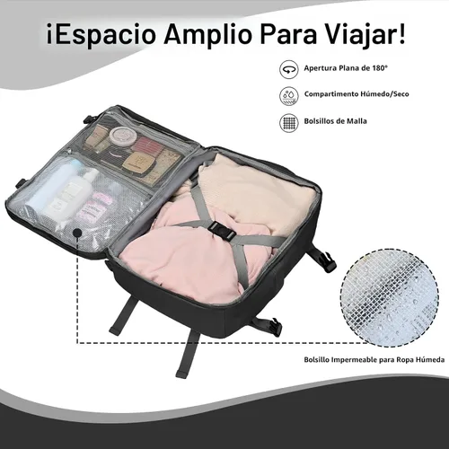 Vista 6 de Mochila de cabina para mujeres y hombres – Aprobada por aerolíneas, tamaño para debajo del asiento, compartimento para portátil de 15.6", apertura