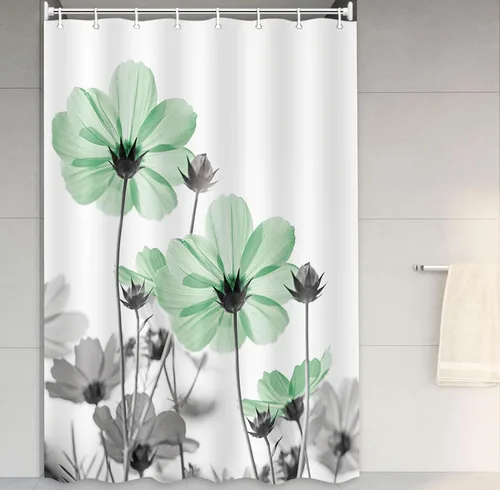 Vista 10 de MERCHR Cortina única floral azul para decoración de baño, cortina de ducha estilo granja con flores de margarita azul y gris elegantes y diseño