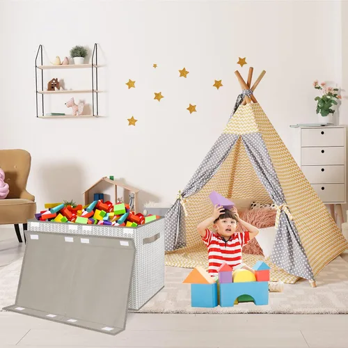 Vista 7 de Caja organizadora de juguetes para niños y niñas, contenedor grande de almacenamiento de tela plegable con tapa abatible y asas para ropa, manta