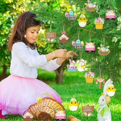 Vista 2 de Marsui 24 adornos de Pascua para árbol, feliz Pascua, adornos colgantes de madera, huevo, conejo, primavera, árbol, gnomo, pollo, rebanadas