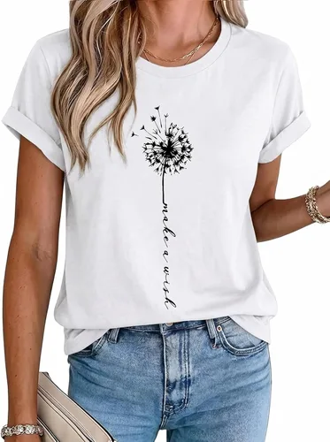 Vista 18 de MaQiYa - Camiseta de verano con estampado de diente de león para mujer, diseño vintage Negro