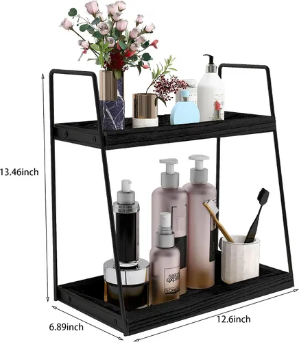 Vista 3 de Dorhors Organizador de encimera de baño de 2 niveles, organizador de tocador para encimera de baño, estante de madera para cocina (negro)
