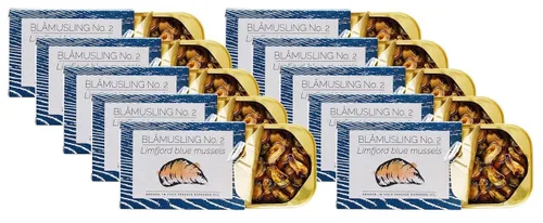 Vista 4 de Fangst Blamuslinger No. 2 Mejillones azules de fiordo limfjord estañados ahumados en aceite de colza prensado en frío 1 lata de 3.53 oz