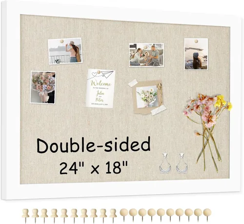 Vista 16 de Tablero de corcho de doble cara con lino, tablero de anuncios pequeño con marco de madera colgante de 12 x 12 pulgadas, kit de tablero de visión