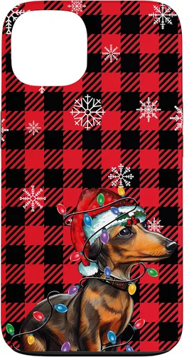 Vista 7 de iPhone 16 Dachshund Christmas Phone Case Red Plaid Pattern Christmas Lights Case