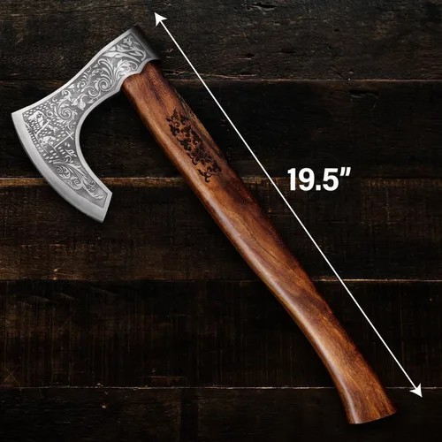 Vista 3 de Hacha vikinga barbuda con vaina, cabeza de hacha barbuda de damasco de 19.5 pulgadas con mango de madera de rosa duradera, el mejor regalo vikingo