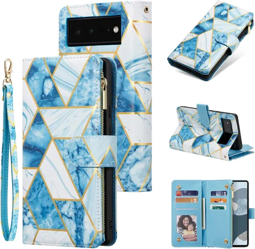 Vista 10 de UEEBAI Funda tipo cartera para Google Pixel 6, Funda de cuero PU Cierre magnético Bolso con cremallera Estuche de bolsillo con cremallera Ranuras