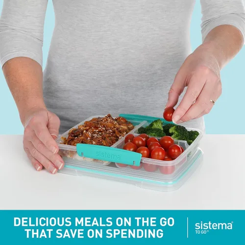 Vista 2 de Sistema Recipientes de almacenamiento de alimentos de 5 piezas con 3 compartimentos y tapas para preparación de comidas, aptos para lavavajillas