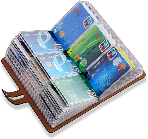 Vista 17 de Soporte para tarjetas de crédito RFID, organizador de tarjetas de visita de cuero con 96 ranuras para tarjetas, protector de tarjetas de crédito
