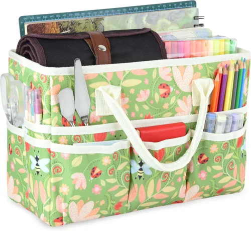 Vista 8 de Bolsa de mano organizadora de manualidades con múltiples bolsillos, gran caddy de almacenamiento de arte con asas para arte, manualidades, costura