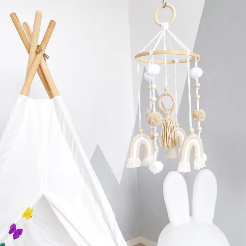 Vista 8 de Móvil de macramé para cuna – Móvil neutro de género para decoración de guardería – Decoración bohemia para colgar en la pared de arcoíris – Borlas