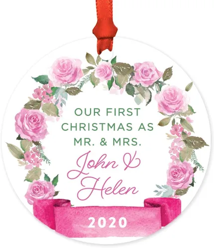 Vista 34 de Andaz Press Adorno de Navidad de madera grabado con láser para aniversario de boda, 1 año juntos, Navidad 2025, pancarta de flores rosas, 1 paquete