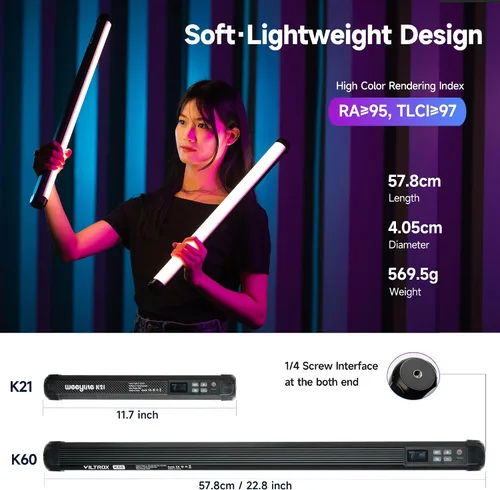 Vista 5 de VILTROX Paquete de 2 varitas de luz RGB grandes K60 con 2 mini trípode para fotografía