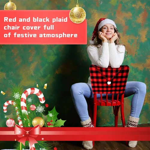 Vista 8 de Queekay 6 piezas de fundas traseras de silla de Navidad, protector de silla de comedor de Navidad con diseño de sombrero de Papá Noel, a cuadros