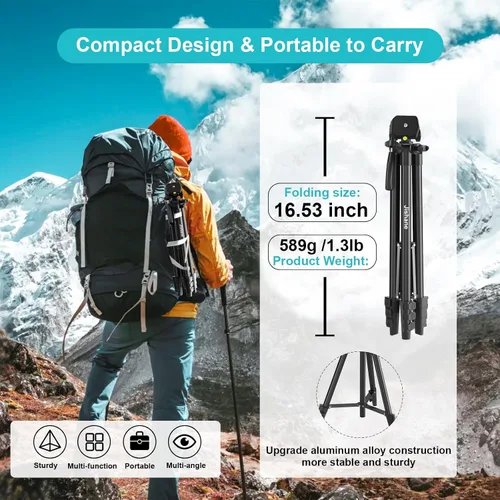Vista 8 de Trípode para cámara de 71 pulgadas, trípode versátil para teléfono celular con soporte remoto inalámbrico para teléfono y bolsa de transporte
