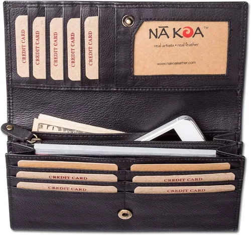 Vista 3 de Cartera de embrague de cuero para mujer de tatuaje polinesio modelo "Ahona" Arte del tatuaje por Kuaika Quenga de NAKOA, Negro -, Cartera delgada