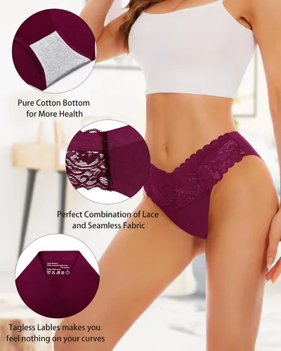 Vista 4 de Sunm Boutique Ropa interior sin costuras para mujer, calzones de encaje, ropa interior de bikini sexy linda, hipster, elástica, corte alto