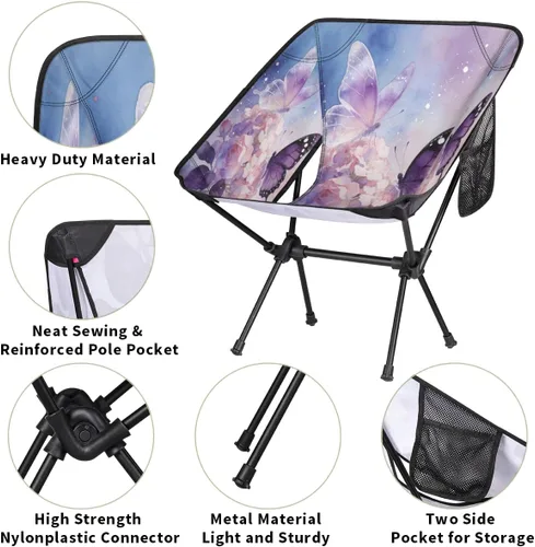 Vista 6 de Dreamy Purple Butterfly Flower Camping Chair - Portable Outdoor Folding Chair,Steel Tube X-Shaped Support,Comes with Side Storage Bags,Suitable for