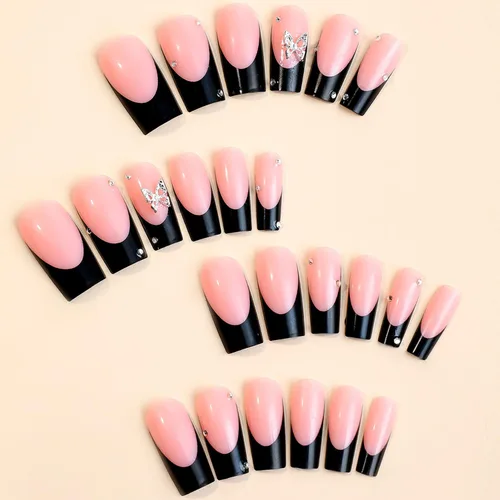 Vista 5 de 24 uñas postizas a presión de punta francesa negra, uñas postizas largas cuadradas, color rosa, cobertura completa, con diamantes de imitación, L1.