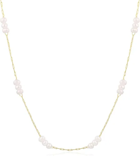 Vista 9 de TOBENY Collar de perlas para mujer, chapado en oro de 14 quilates, hecho a mano, gargantilla de perlas blancas, delicada, pequeña, pequeña, cadena