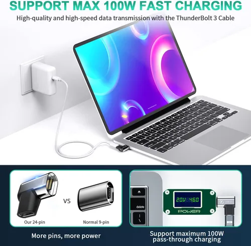 Vista 5 de Adaptador magnético USB C derecho (paquete de 2), conector tipo C de 24 pines, compatible con carga rápida PD de 100 W, transferencia de datos USB