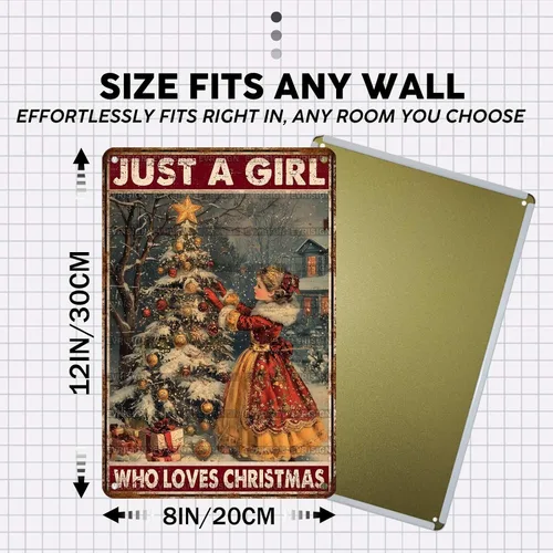 Vista 2 de Letrero de metal con texto en inglés "Just a Girl Who Loves Christmas", póster de hojalata para árbol de Navidad, decoración conmovedora de pared