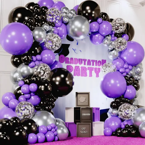 Vista 5 de Kit de guirnalda y arco de globos morados y negros todo en 1, globos pequeños y grandes, morado, negro y plateado, decoraciones de fiesta