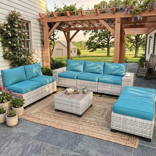 Vista 99 de Muebles de patio al aire libre conjunto PE mimbre ratán al aire libre sofá seccional Gris