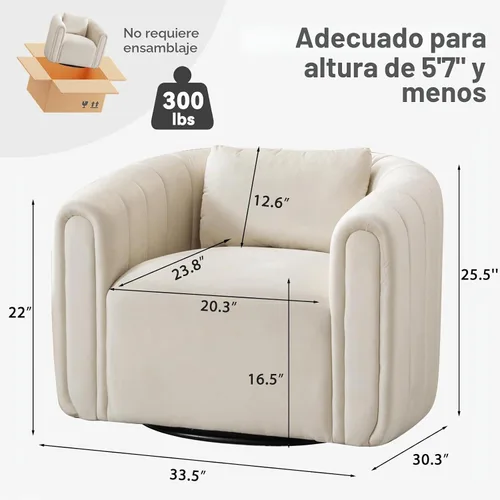 Vista 2 de ANJ Silla giratoria decorativa, silla de barril de terciopelo para sala de estar, cómodo sillón moderno, completamente montado (beige)