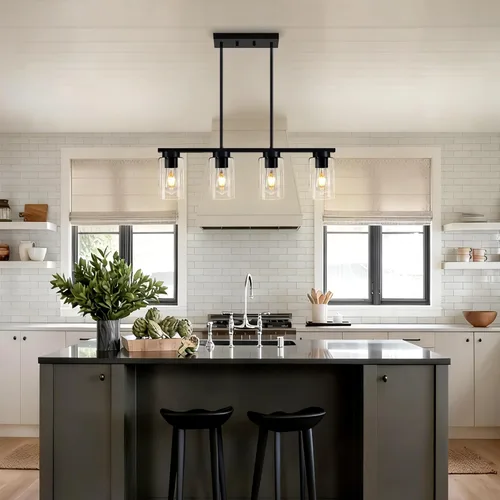 Vista 6 de Luces de isla para cocina, 4 luces negras para comedor sobre mesa, iluminación moderna para isla de cocina, casa de campo, isla de cocina, lámparas