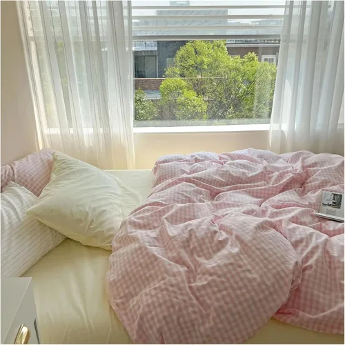 Vista 7 de ADovz Juego de ropa de cama de algodón rosa, tamaño Queen, matrimonial, tamaño doble, sábana bajera ajustable, funda de edredón para el hogar, ropa