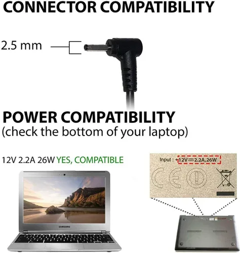 Vista 4 de Cargador adaptador de CA de 26W 12V 2.2A para Samsung Chromebook 3 XE500C13 XE501C13 XE500C12 PA-1250-98 PA-1250-96 W14-026N1A BA44-00322A PA3N40W