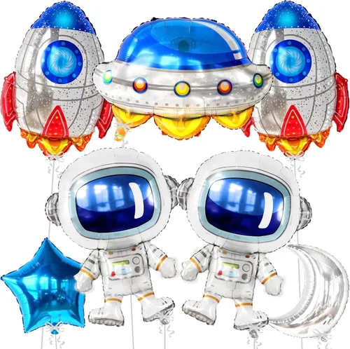 Vista 4 de Katchon, Juego de decoraciones de cumpleaños de gran espacio, 37 pulgadas, paquete de 7, globos de cohete, globos de astronauta para decoraciones