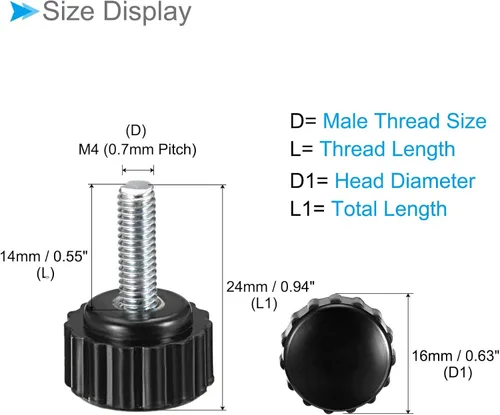 Vista 2 de Perillas de sujeción moleteadas, rosca macho M4 x 0.551 in, cabeza de 0.630 in, perno de agarre de tornillo de pulgar de plástico termoestable