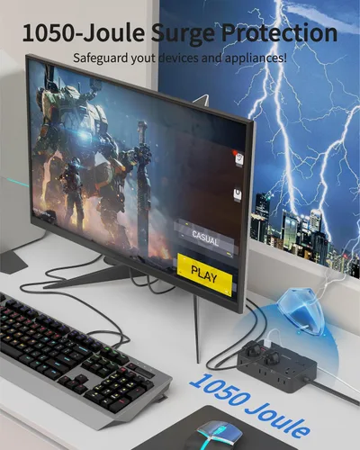 Vista 3 de DEPOW Regleta protectora de sobretensiones, cable de extensión de 3 pies con 6 salidas de CA, 4 puertos USB, protección contra sobretensiones 1050J