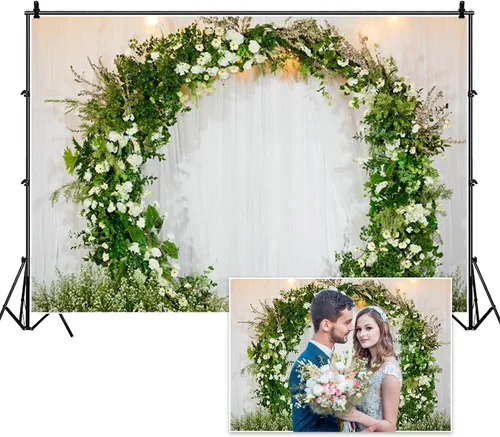 Vista 3 de Fondo de flores de arco de 5 x 3 pies, guirnalda verde, guirnalda blanca, cortina romántica floral para pared, fondo de fotografía para despedida