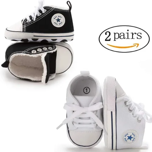 Vista 4 de KIDSUN - Zapatos deportivos unisex de caña alta para bebés, mezclilla de lona, suela antideslizante, suaves, para los primeros pasos