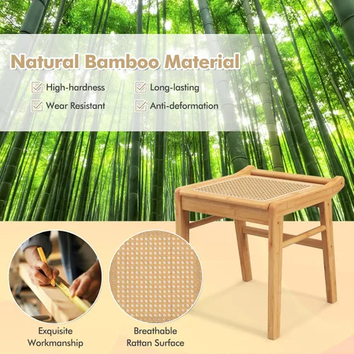 Vista 7 de CHARMAID Taburete de tocador, reposapiés otomano de bambú con asiento de ratán, almohadillas antideslizantes, banco de silla de tocador