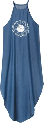 Vista 3 de Halter Below The Knee Tunic Dress for Womens Retro Soft No Sleeve Dresses Gym Fall Sunflower Cowgirl Loose Fitting Tunic Dress for Women